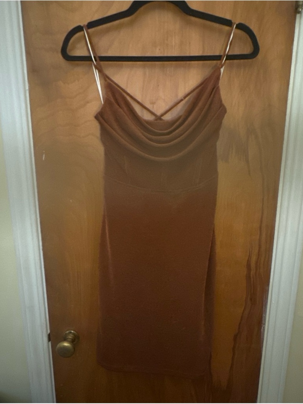 Brown Cowl Slip Midi Dress with Crisscross Straps